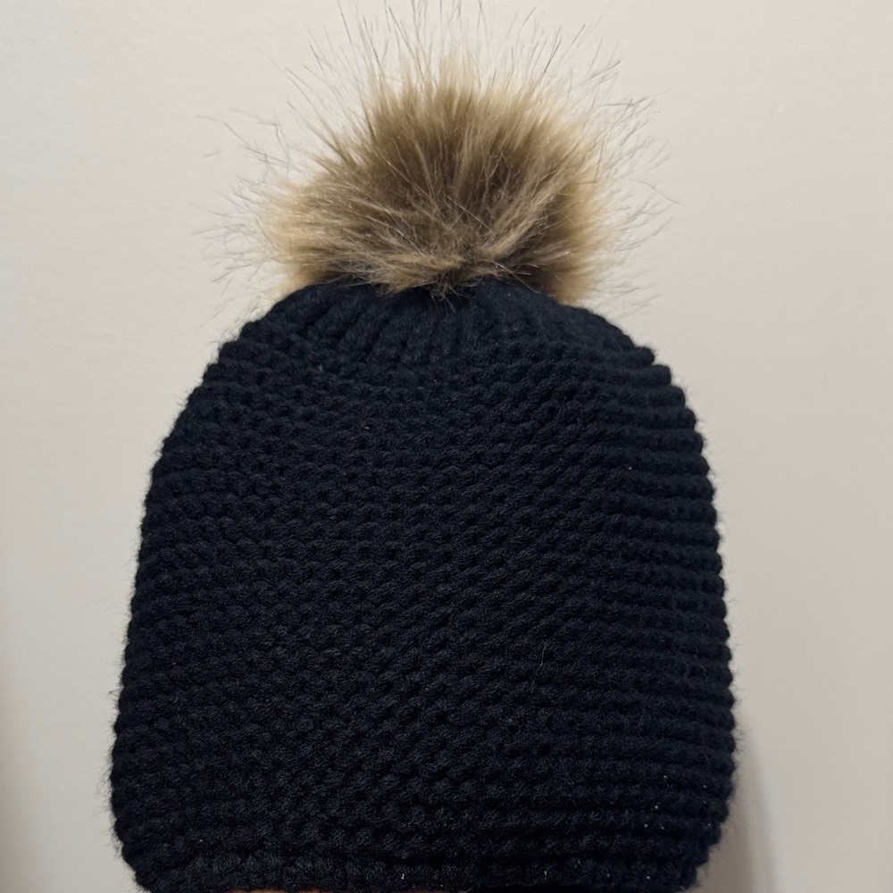 Black Knit Beanie with Faux Fur Pom